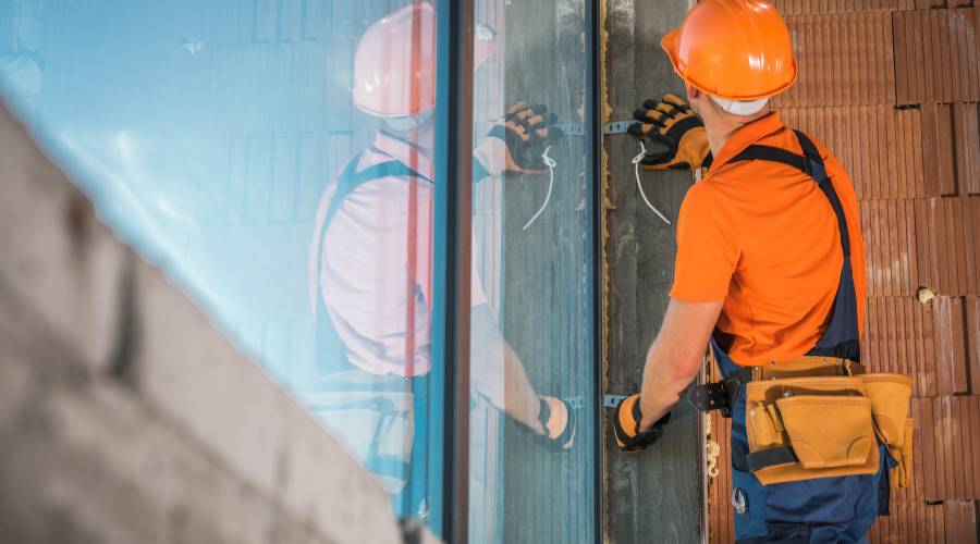 ommercial glass repair Brisbane showing professional installation with proper safety equipment and techniques